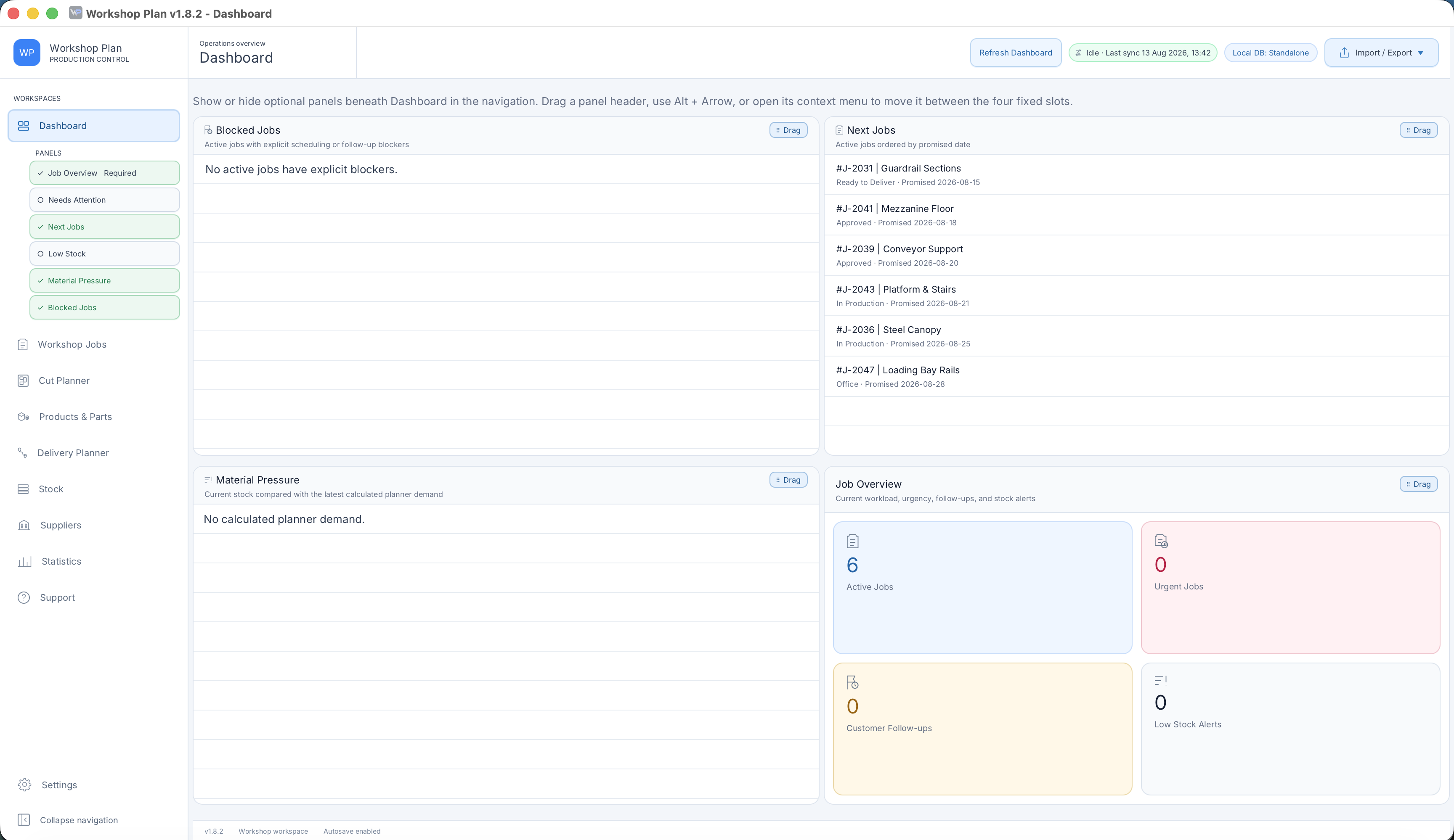 Current Workshop Plan v1.8.2 dashboard showing job status and workload using fictional demo data