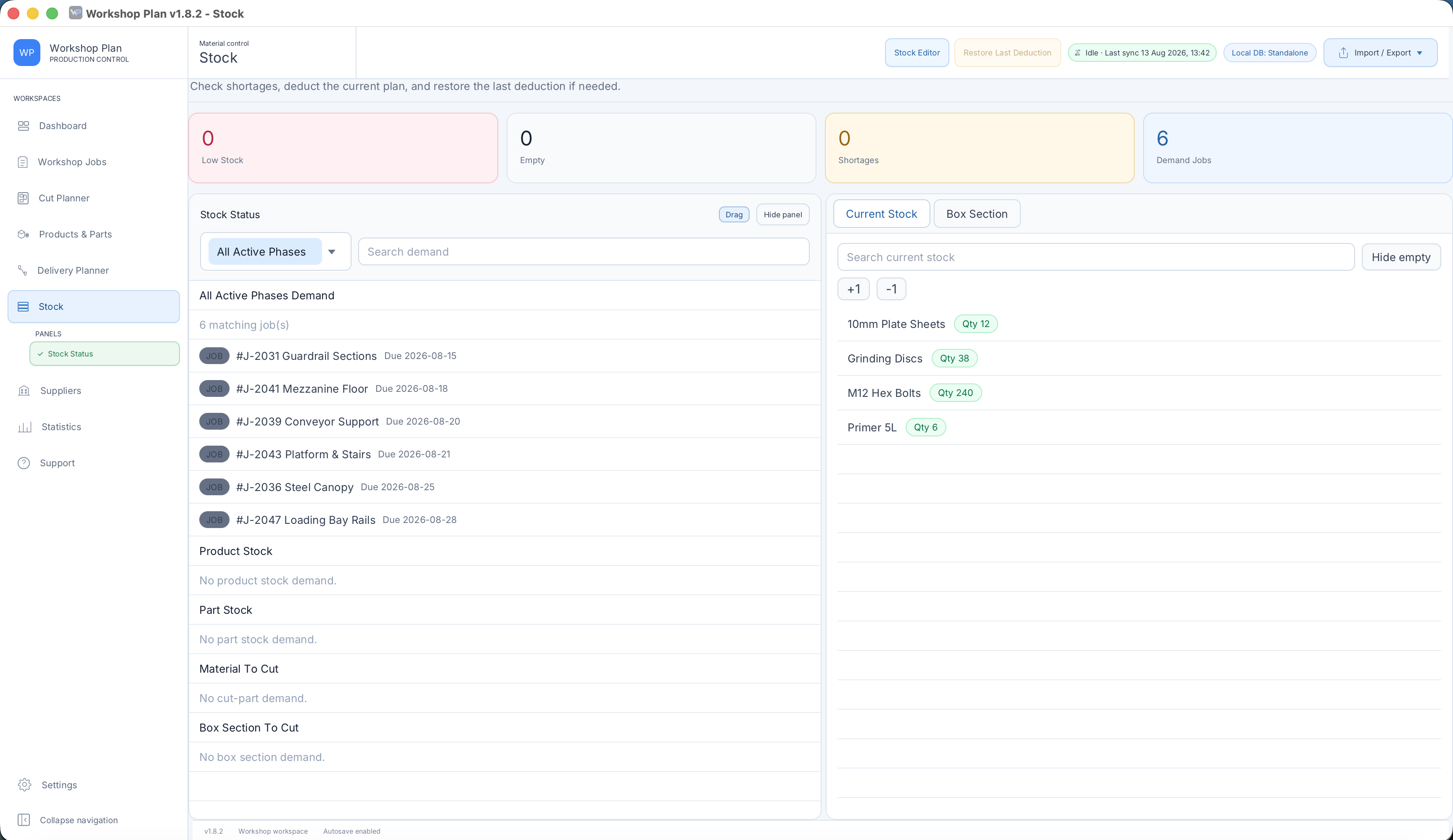 Workshop Plan v1.8.2 stock control view